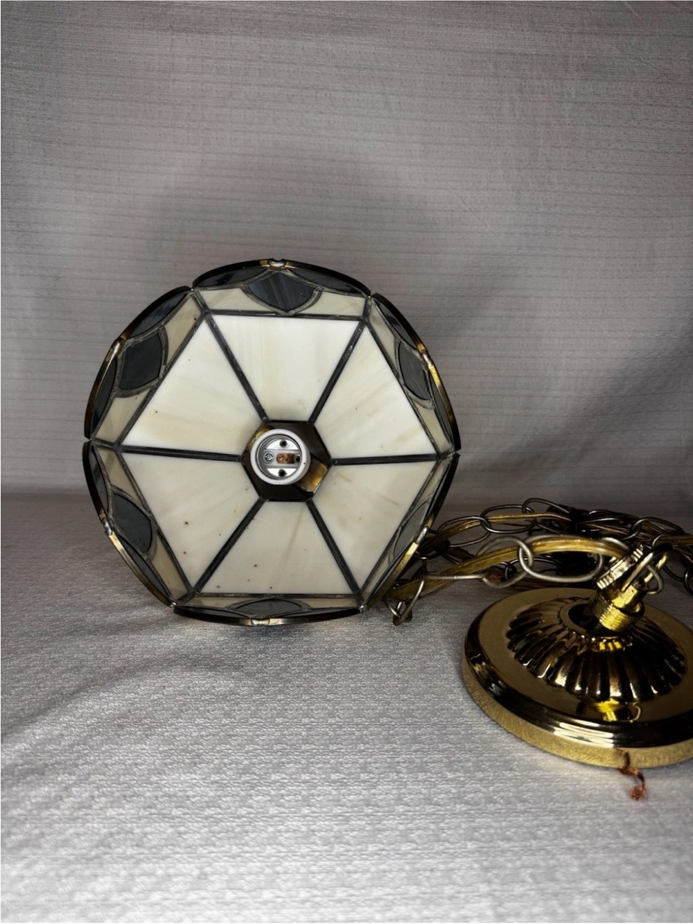 Vintage Stained Glass Hanging Light Blue Cream Hardwired Lamp 8 Inch Retro - Picture 3 of 4